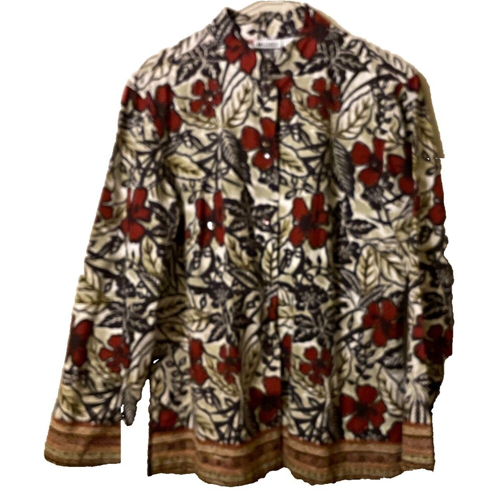 Vintage Units Floral Batik Blouse M 100%  Cotton Nehru Collar Earthy Brown Cream